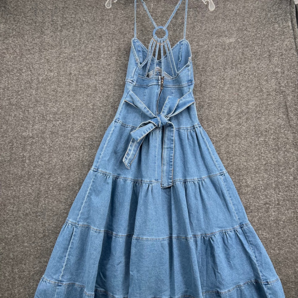 Womens Medium Wash Tiered Denim Maxi Dress O-Ring Strappy Back Blue Size M - Picture 5 of 10